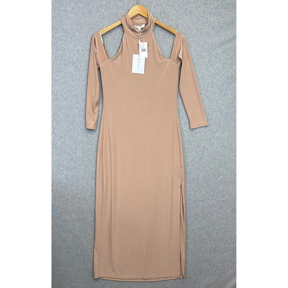 WAYF Dress Nude Cold Shoulder Mock Neck Bodycon Midi Chic Neutral Size Small NWT